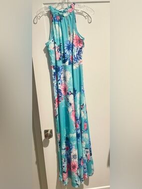 Aqua Floral Maxi Dress — Blue, Pink & White Blooms